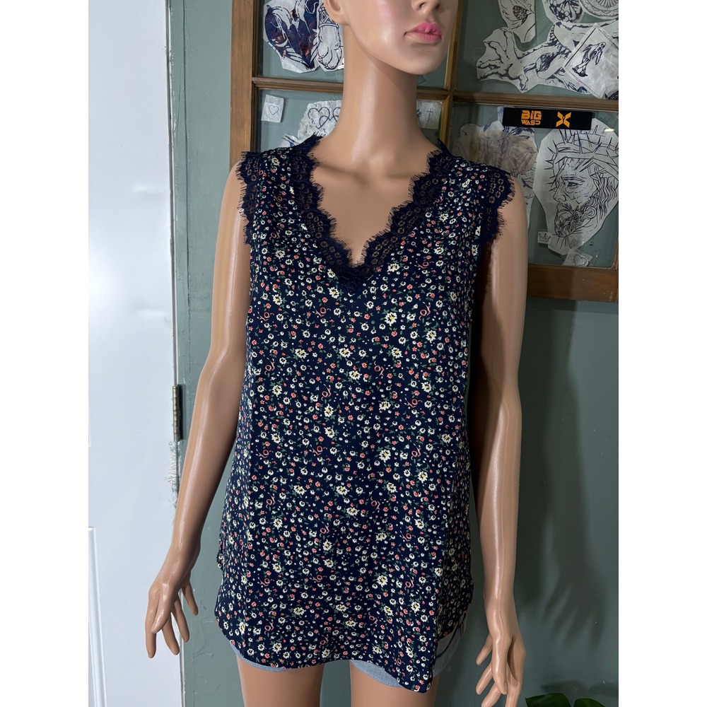 Viishow Navy Floral Lace Trim V-Neck Sleeveless Tank Top Blouse XS